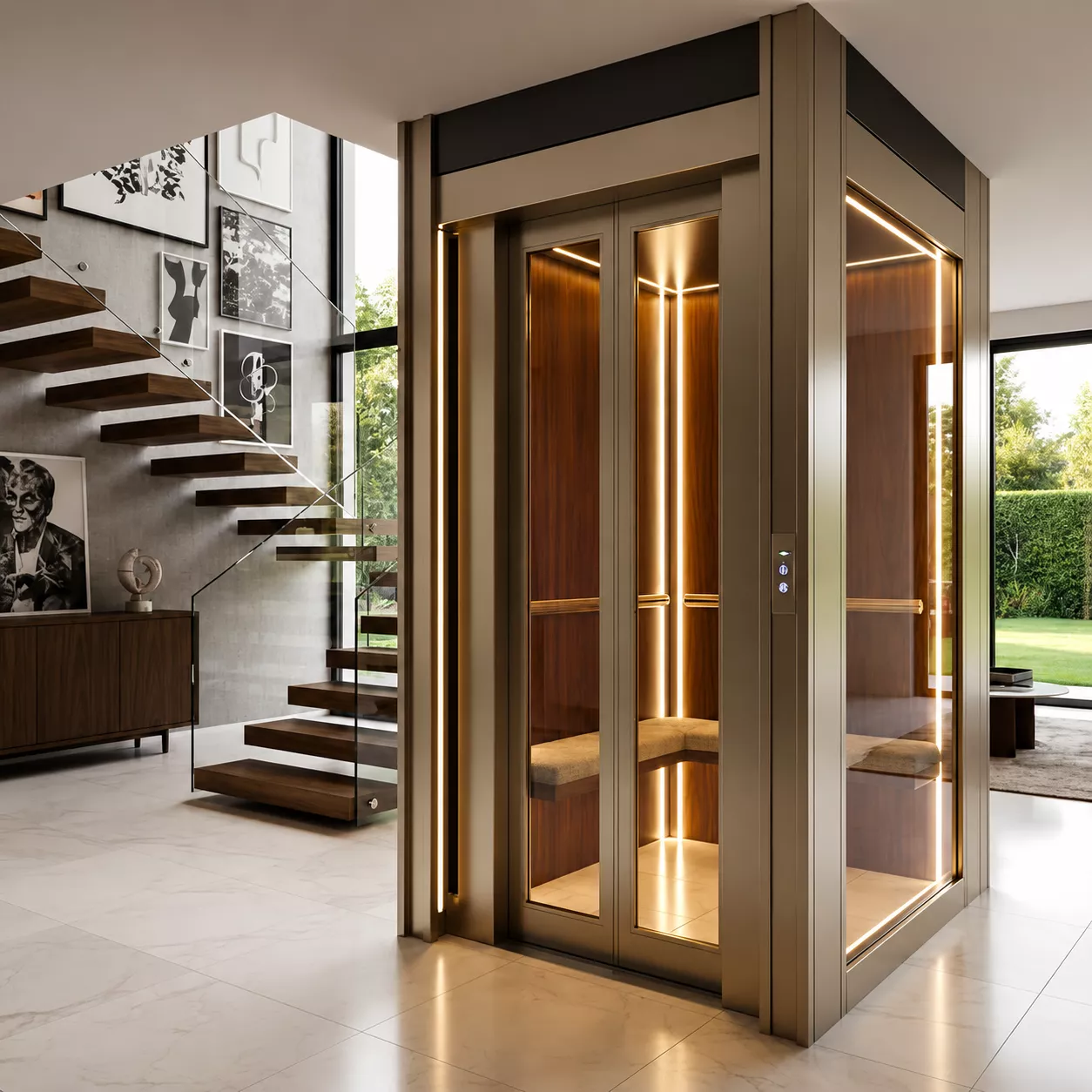 Modern home elevator installed in a residential building by Revotek Elevators