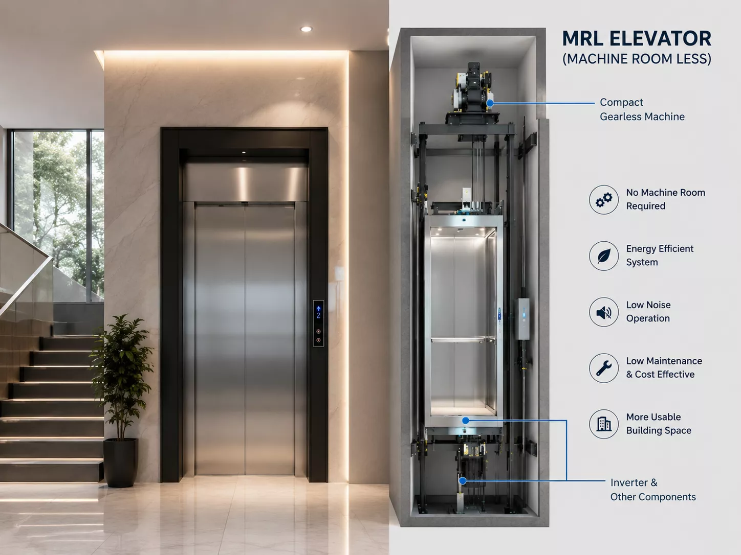 Machine Room Less MRL elevator system installed by Revotek Elevators